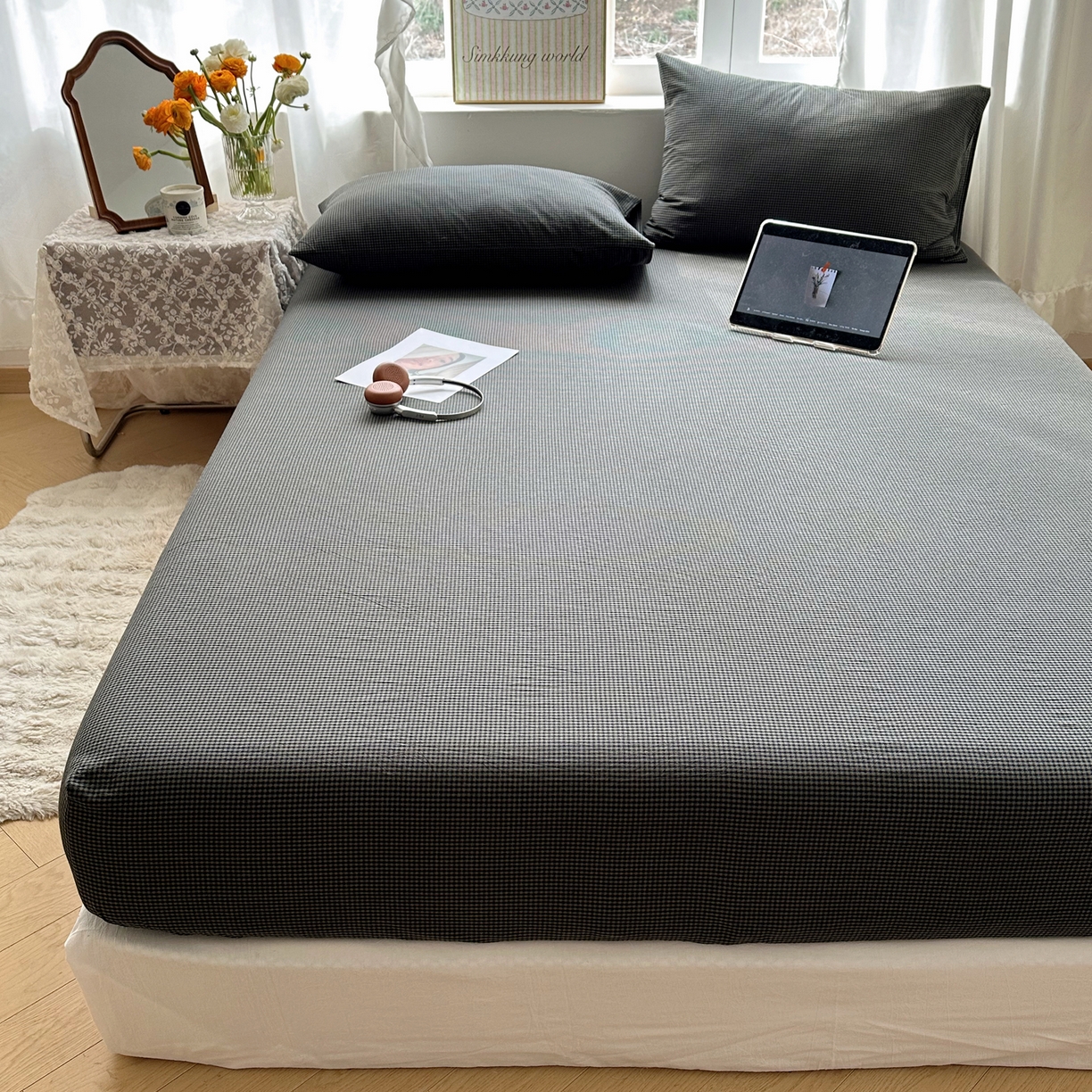 91家纺网 家纺一手货源 找家纺 六巷胡同 2026新款A类全棉纯棉水洗棉色织格子单品床笠 床笠单件 觅影-黑格