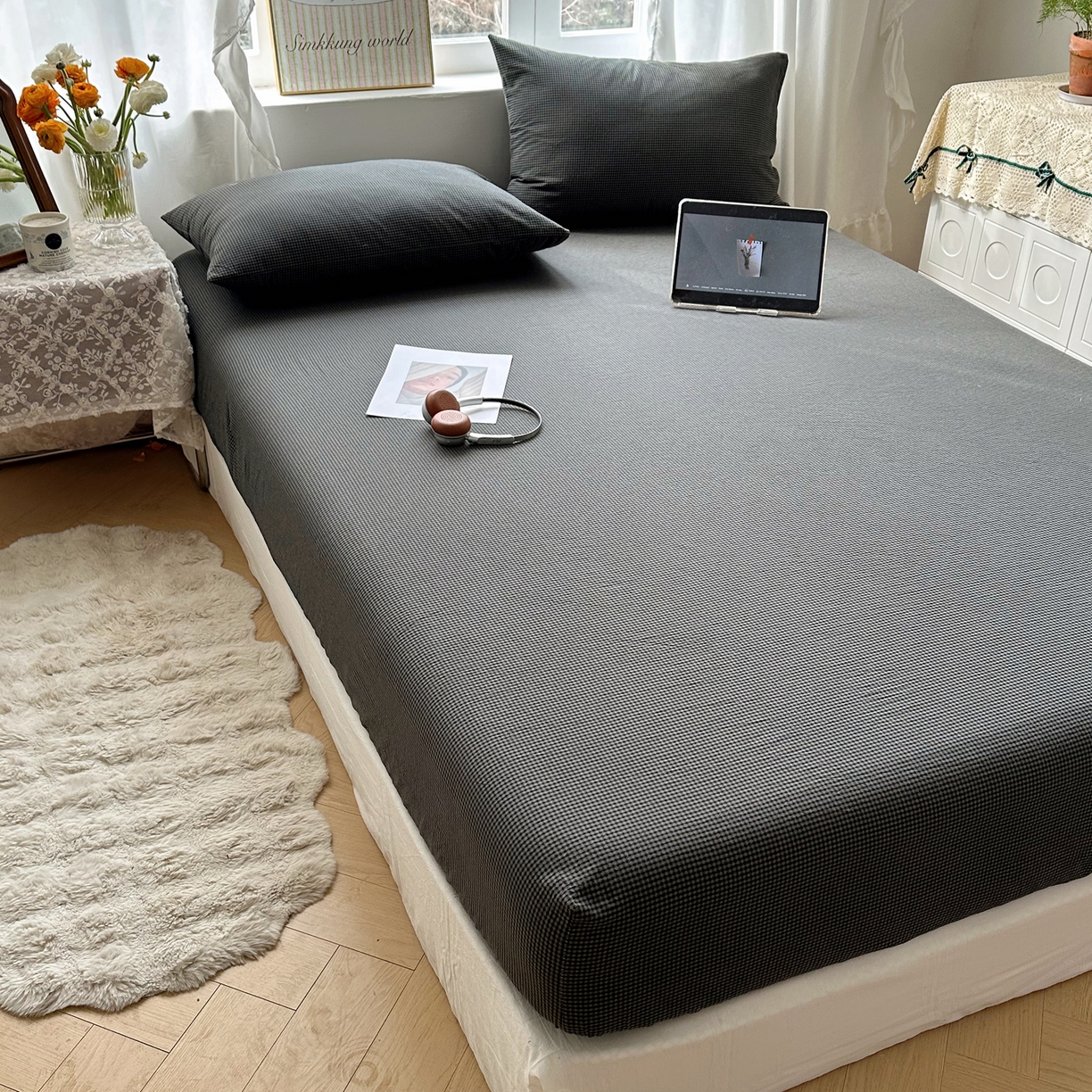 91家纺网 家纺一手货源 找家纺 六巷胡同 2026新款A类全棉纯棉水洗棉色织格子单品床笠 床笠单件 觅影-黑格