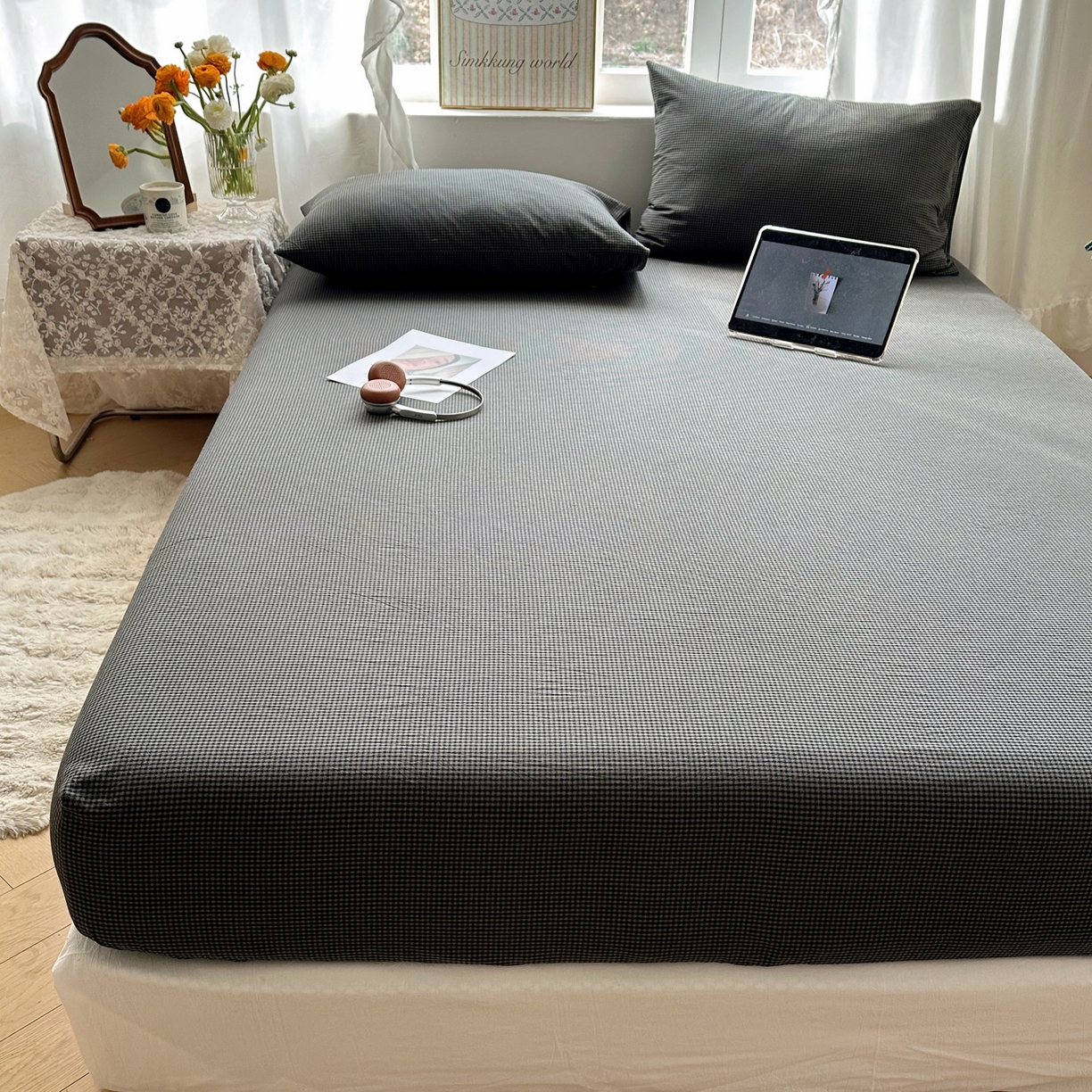 91家纺网 家纺一手货源 找家纺 六巷胡同 2026新款A类全棉纯棉水洗棉色织格子单品床笠 床笠单件 觅影-黑格