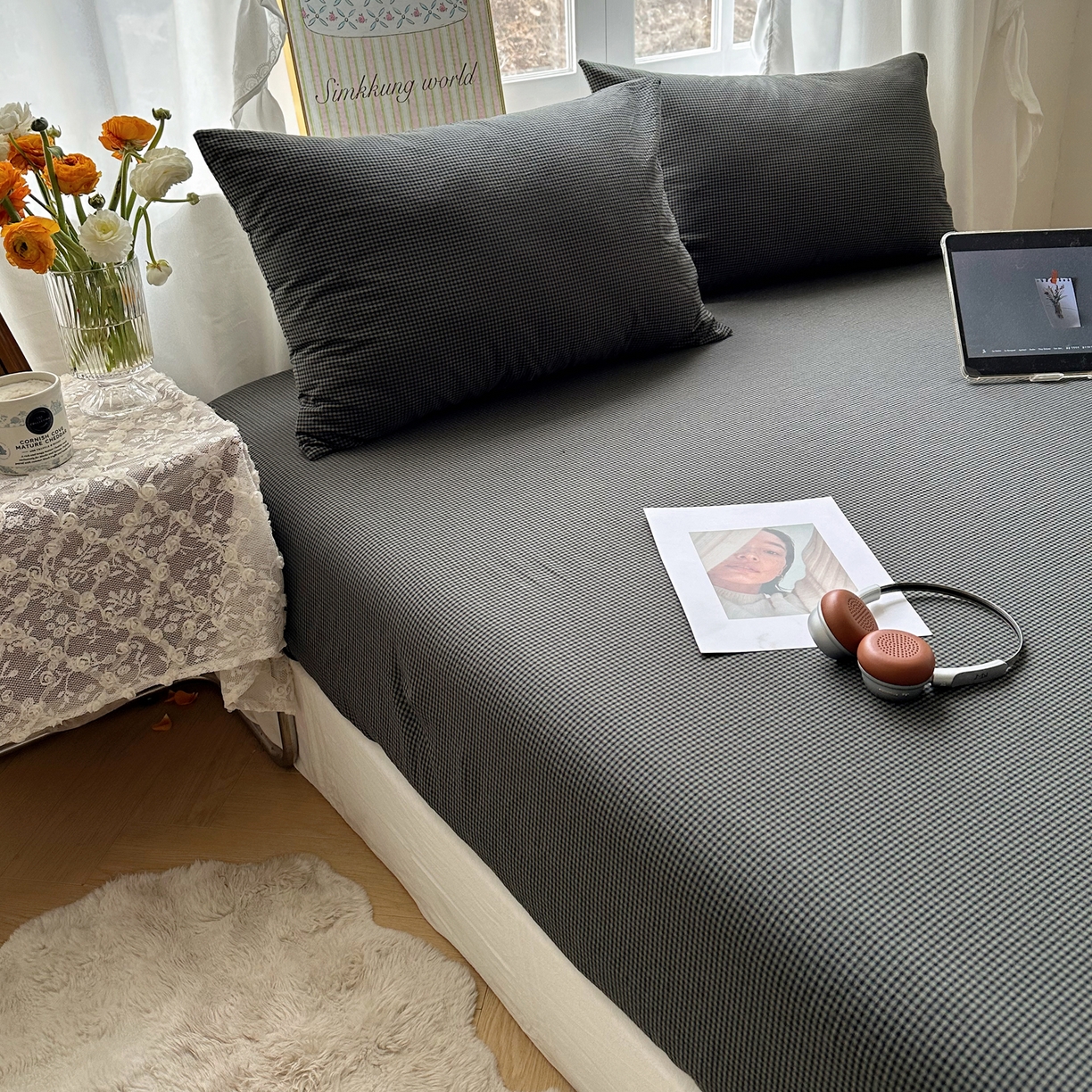 91家纺网 家纺一手货源 找家纺 六巷胡同 2026新款A类全棉纯棉水洗棉色织格子单品床笠 床笠单件 觅影-黑格