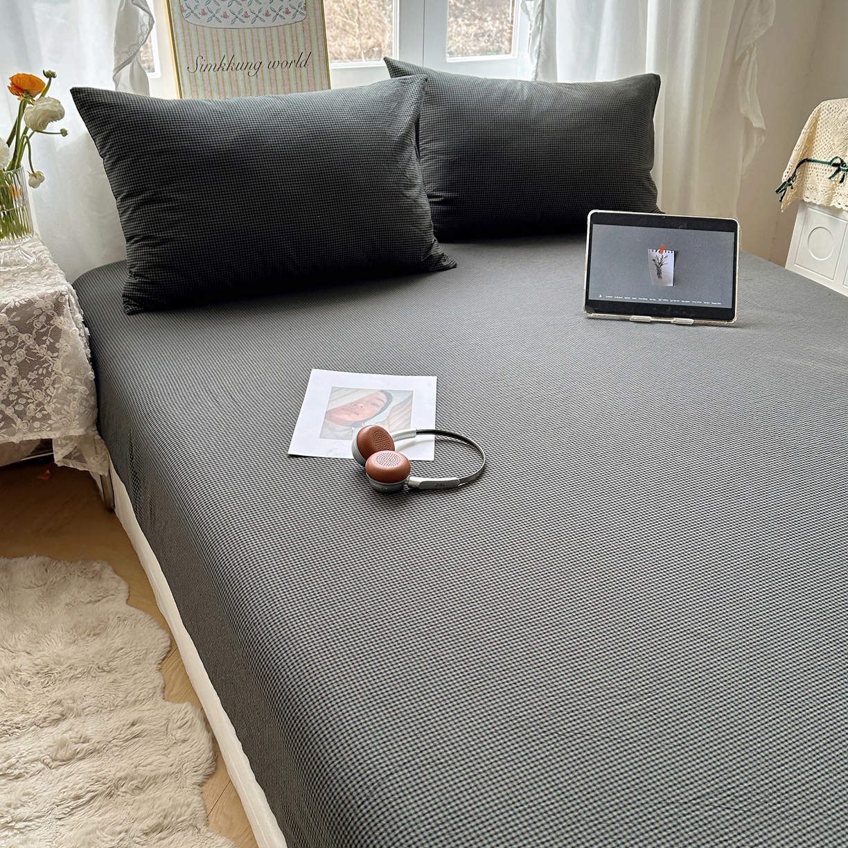 91家纺网 家纺一手货源 找家纺 六巷胡同 2026新款A类全棉纯棉水洗棉色织格子单品床笠 床笠单件 觅影-黑格