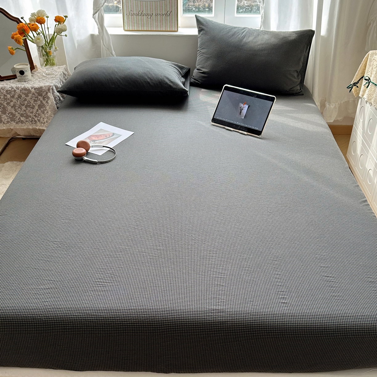 91家纺网 家纺一手货源 找家纺 六巷胡同 2026新款A类全棉纯棉水洗棉色织格子单品床笠 床笠单件 觅影-黑格