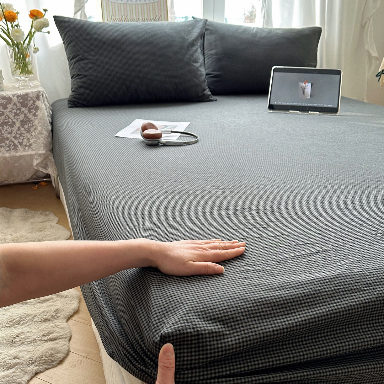 91家纺网 家纺一手货源 找家纺 六巷胡同 2026新款A类全棉纯棉水洗棉色织格子单品床笠 床笠单件 觅影-黑格