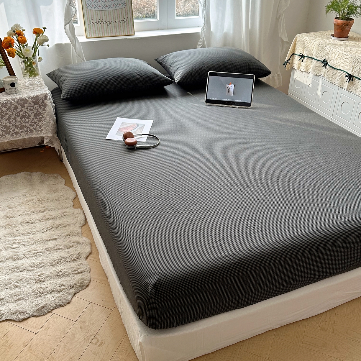 91家纺网 家纺一手货源 找家纺 六巷胡同 2026新款A类全棉纯棉水洗棉色织格子单品床笠 床笠单件 觅影-黑格