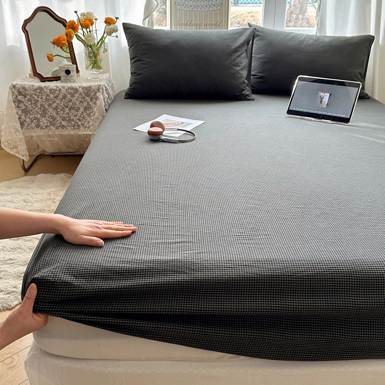 91家纺网 家纺一手货源 找家纺 六巷胡同 2026新款A类全棉纯棉水洗棉色织格子单品床笠 床笠单件 觅影-黑格
