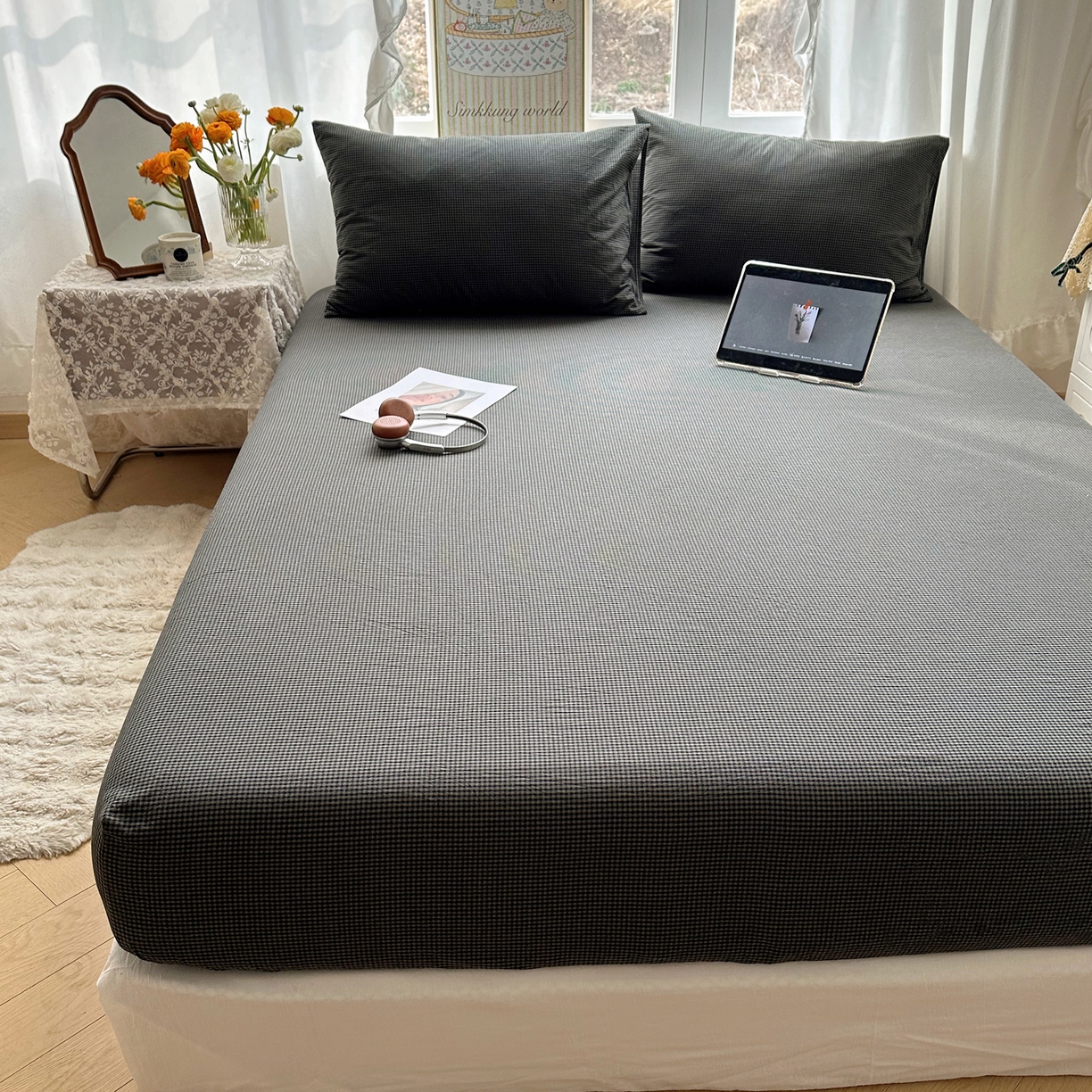 91家纺网 家纺一手货源 找家纺 六巷胡同 2026新款A类全棉纯棉水洗棉色织格子单品床笠 床笠单件 觅影-黑格
