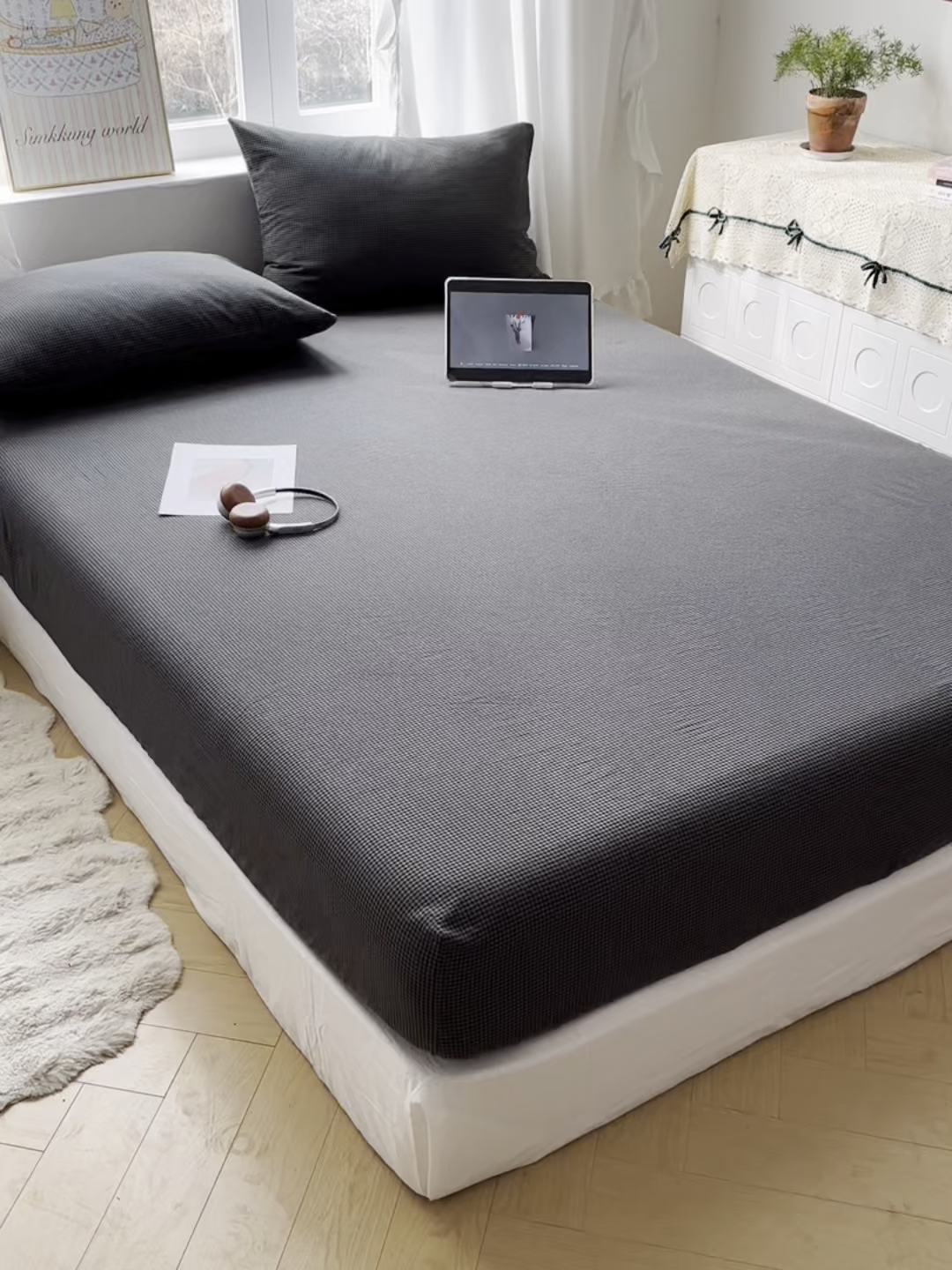 91家纺网 家纺一手货源 找家纺 六巷胡同 2026新款A类全棉纯棉水洗棉色织格子单品床笠 床笠单件 觅影-黑格