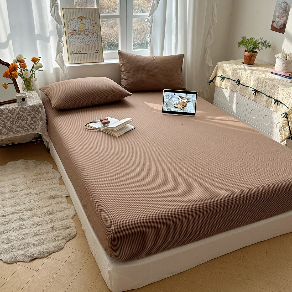 91家纺网 家纺一手货源 找家纺 六巷胡同 2026新款A类全棉纯棉水洗棉色织格子单品床笠 床笠单件 觅影-咖格