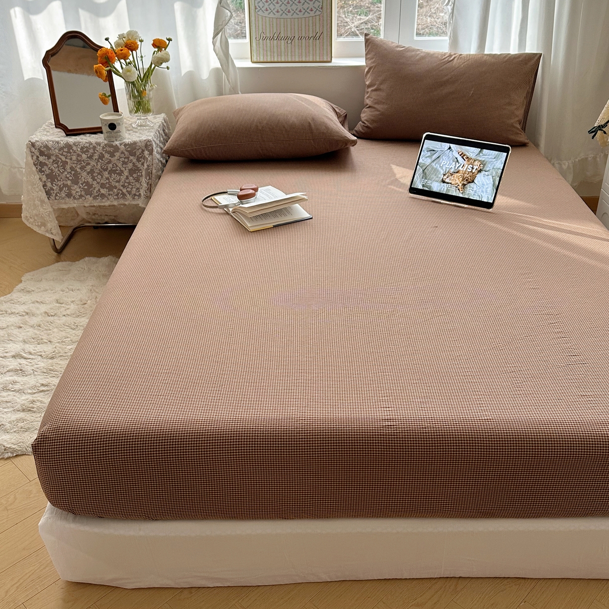 91家纺网 家纺一手货源 找家纺 六巷胡同 2026新款A类全棉纯棉水洗棉色织格子单品床笠 床笠单件 觅影-咖格