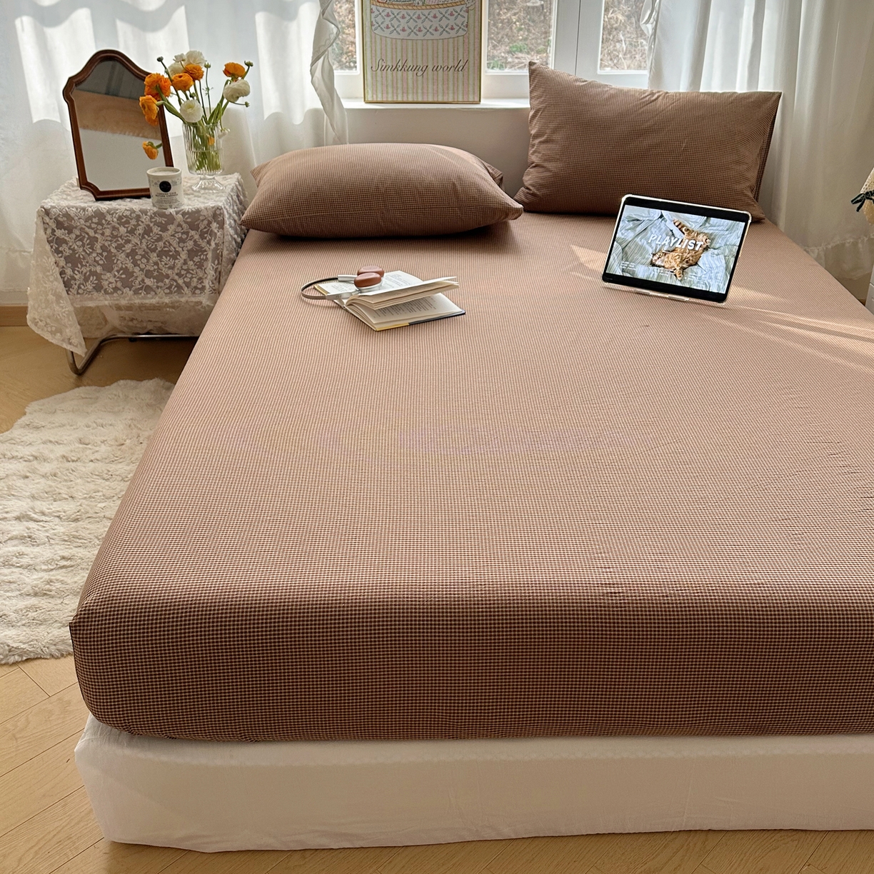 91家纺网 家纺一手货源 找家纺 六巷胡同 2026新款A类全棉纯棉水洗棉色织格子单品床笠 床笠单件 觅影-咖格