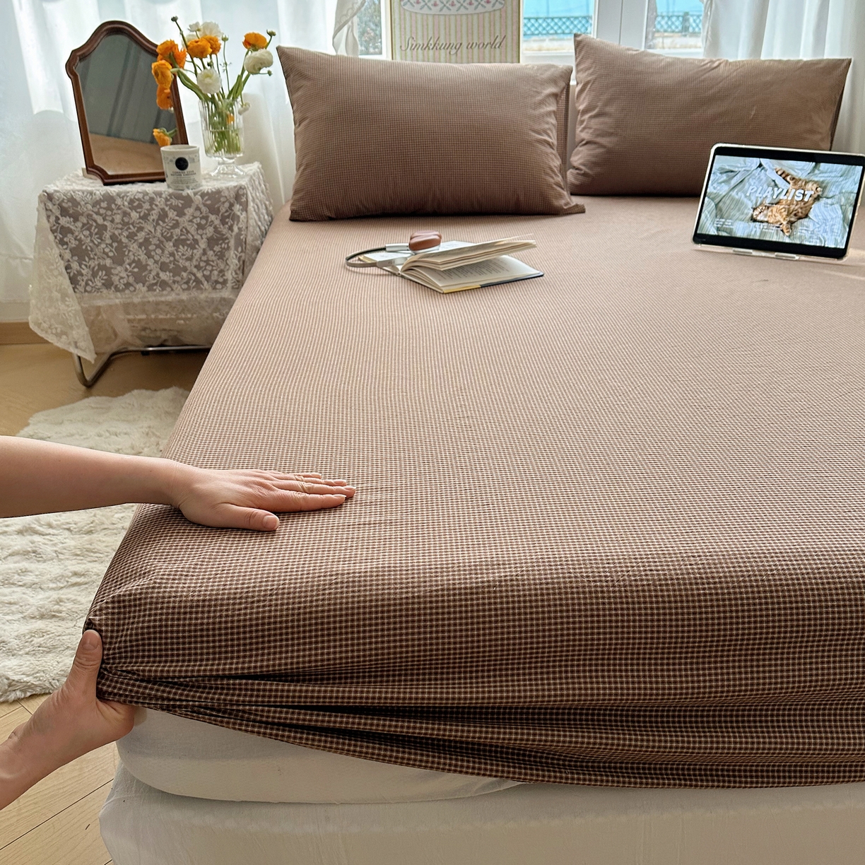 91家纺网 家纺一手货源 找家纺 六巷胡同 2026新款A类全棉纯棉水洗棉色织格子单品床笠 床笠单件 觅影-咖格