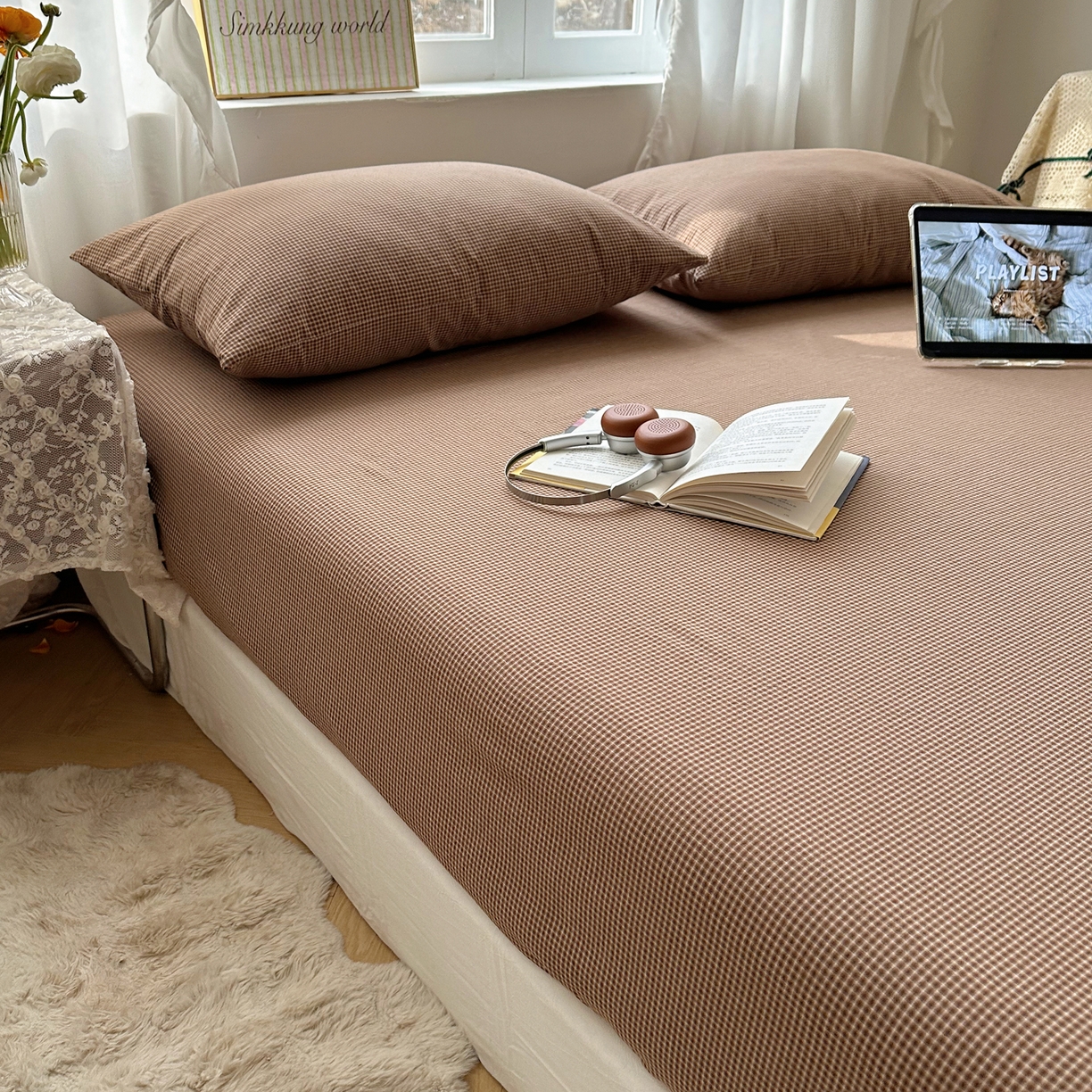 91家纺网 家纺一手货源 找家纺 六巷胡同 2026新款A类全棉纯棉水洗棉色织格子单品床笠 床笠单件 觅影-咖格