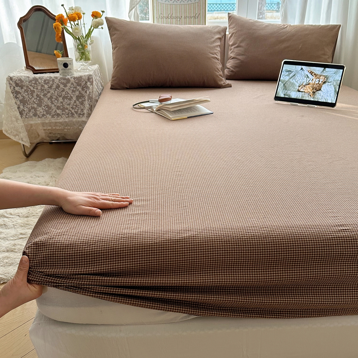 91家纺网 家纺一手货源 找家纺 六巷胡同 2026新款A类全棉纯棉水洗棉色织格子单品床笠 床笠单件 觅影-咖格