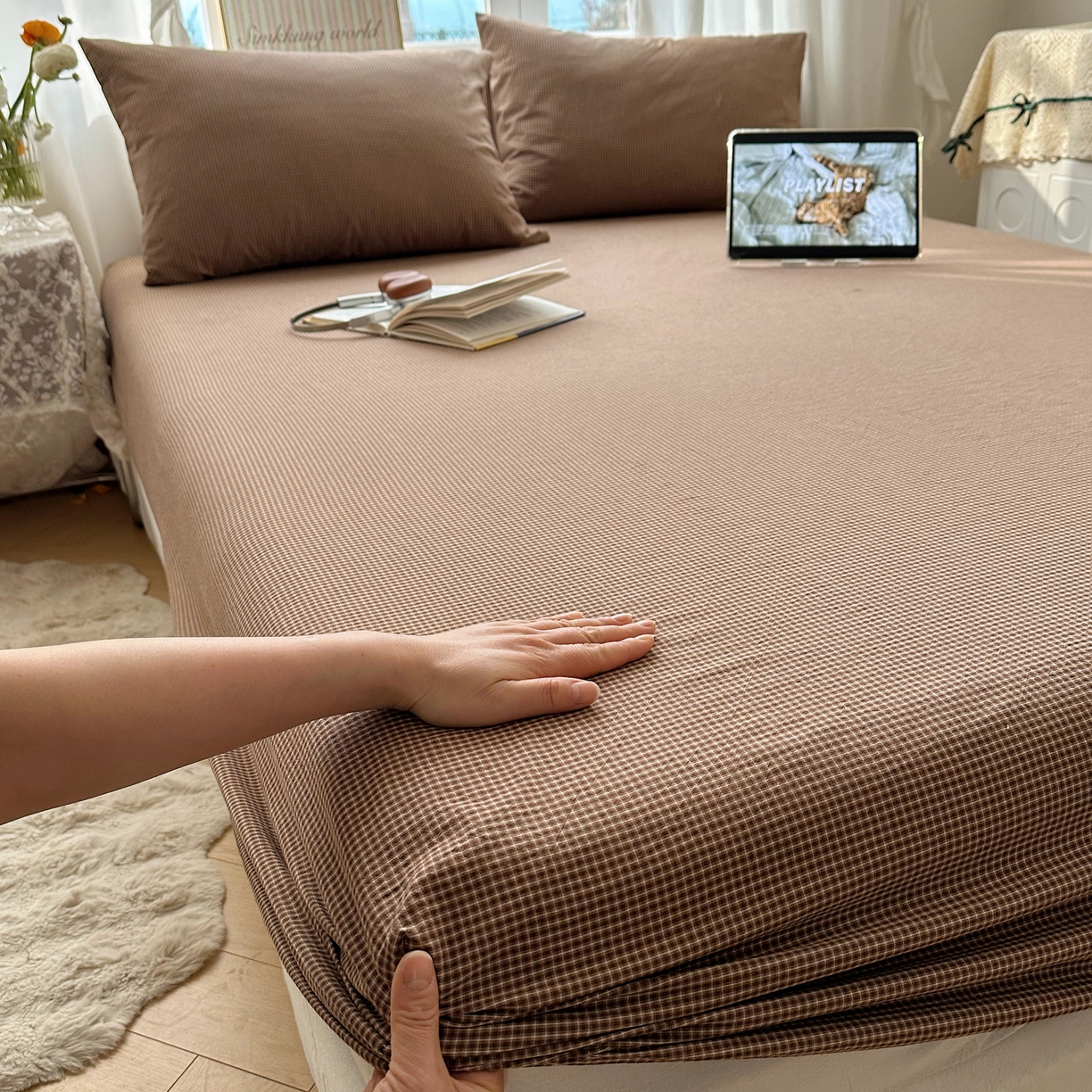 91家纺网 家纺一手货源 找家纺 六巷胡同 2026新款A类全棉纯棉水洗棉色织格子单品床笠 床笠单件 觅影-咖格