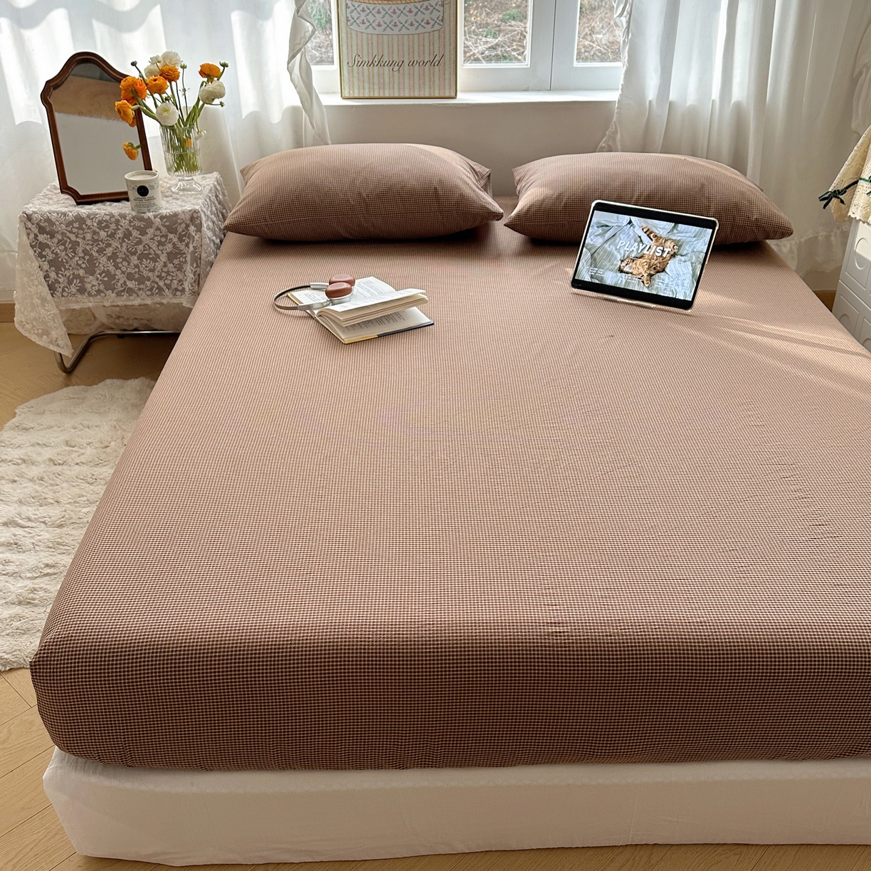 91家纺网 家纺一手货源 找家纺 六巷胡同 2026新款A类全棉纯棉水洗棉色织格子单品床笠 床笠单件 觅影-咖格