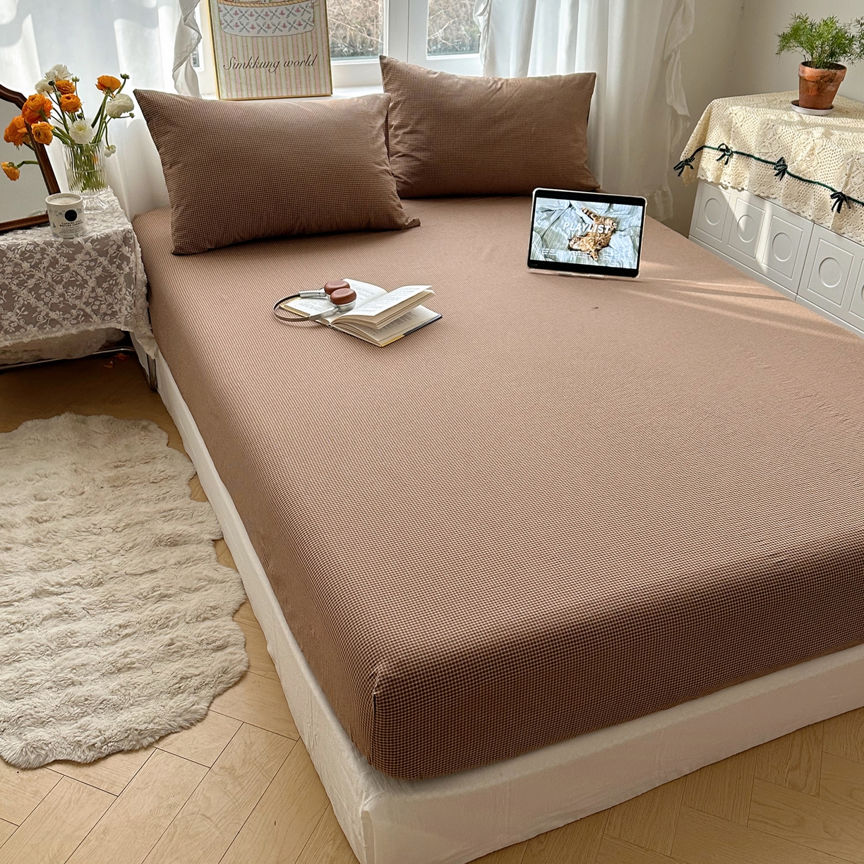 91家纺网 家纺一手货源 找家纺 六巷胡同 2026新款A类全棉纯棉水洗棉色织格子单品床笠 床笠单件 觅影-咖格