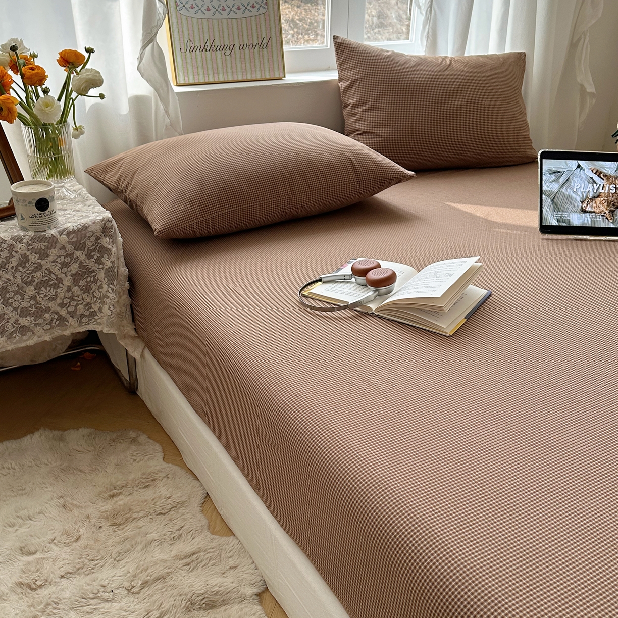 91家纺网 家纺一手货源 找家纺 六巷胡同 2026新款A类全棉纯棉水洗棉色织格子单品床笠 床笠单件 觅影-咖格