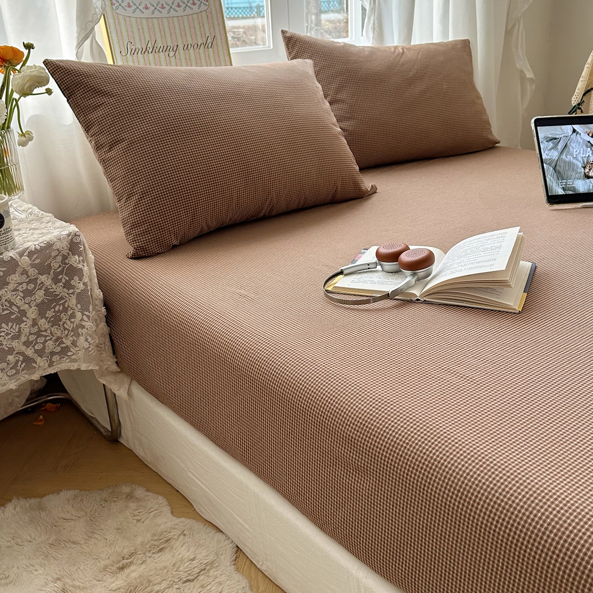 91家纺网 家纺一手货源 找家纺 六巷胡同 2026新款A类全棉纯棉水洗棉色织格子单品床笠 床笠单件 觅影-咖格