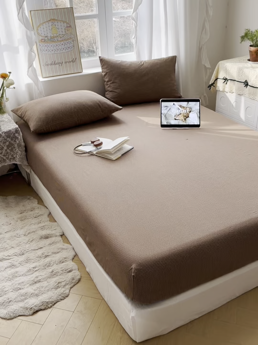 91家纺网 家纺一手货源 找家纺 六巷胡同 2026新款A类全棉纯棉水洗棉色织格子单品床笠 床笠单件 觅影-咖格