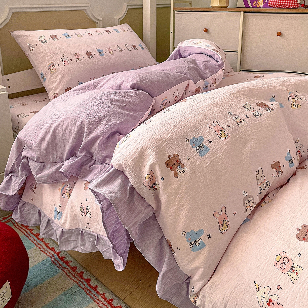 91家纺网 家纺一手货源 找家纺 （总）纽缦家纺 2026新款云感提花双层纱学生床韩版床单床笠三四件套