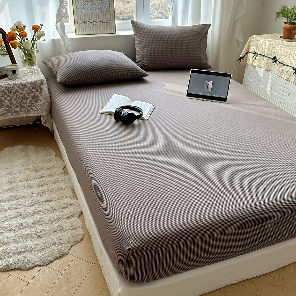 六巷胡同 2026新款A类全棉纯棉水洗棉色织格子单品床笠 床笠单件 觅影-棕格