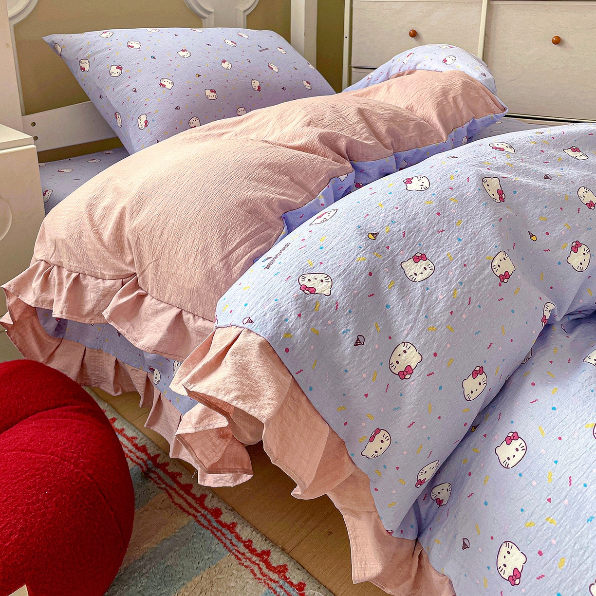 91家纺网 家纺一手货源 找家纺 （总）纽缦家纺 2026新款云感提花双层纱学生床韩版床单床笠三四件套