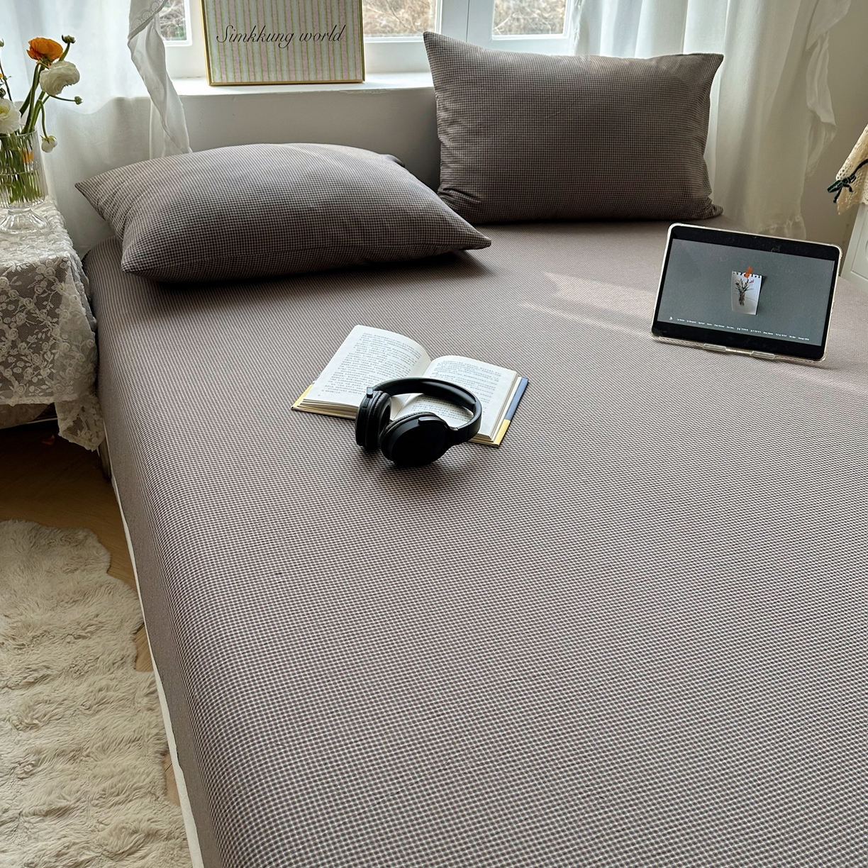 91家纺网 家纺一手货源 找家纺 六巷胡同 2026新款A类全棉纯棉水洗棉色织格子单品床笠 床笠单件 觅影-棕格