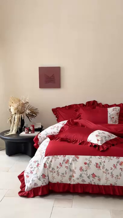 91家纺网 家纺一手货源 找家纺 （总）优然居家纺 2026春夏新款全棉纯棉60支数码印花法式拼接款四件套-莉莉安