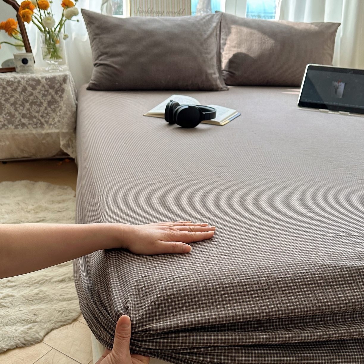 91家纺网 家纺一手货源 找家纺 六巷胡同 2026新款A类全棉纯棉水洗棉色织格子单品床笠 床笠单件 觅影-棕格