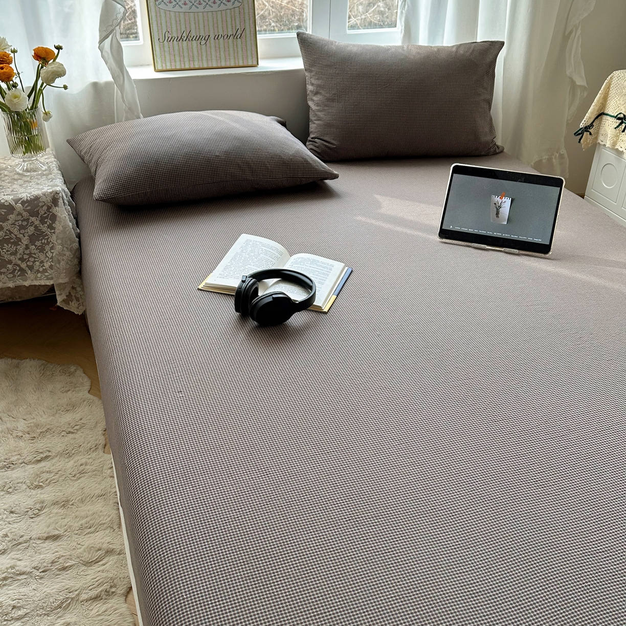 91家纺网 家纺一手货源 找家纺 六巷胡同 2026新款A类全棉纯棉水洗棉色织格子单品床笠 床笠单件 觅影-棕格