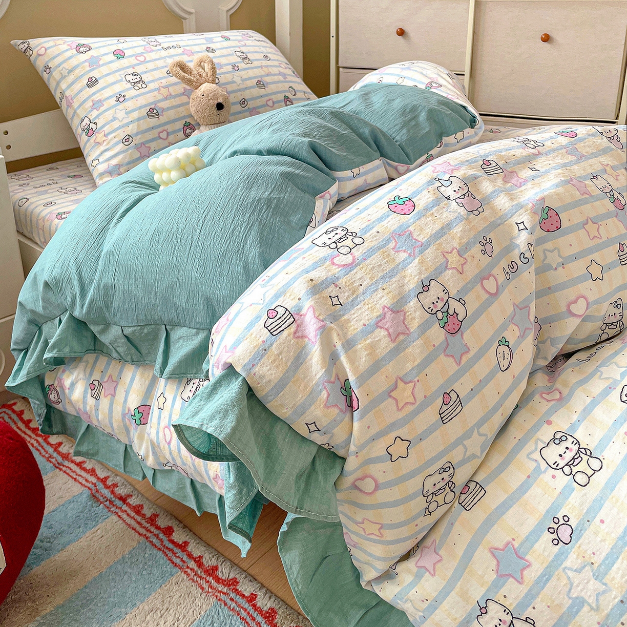 91家纺网 家纺一手货源 找家纺 （总）纽缦家纺 2026新款云感提花双层纱学生床韩版床单床笠三四件套