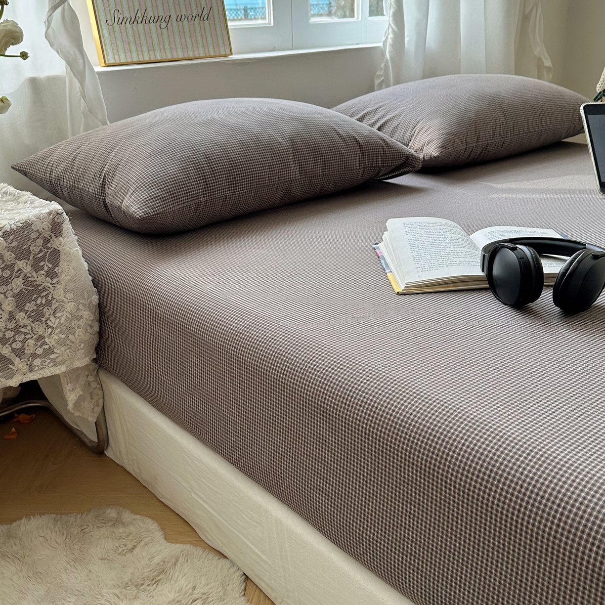 91家纺网 家纺一手货源 找家纺 六巷胡同 2026新款A类全棉纯棉水洗棉色织格子单品床笠 床笠单件 觅影-棕格