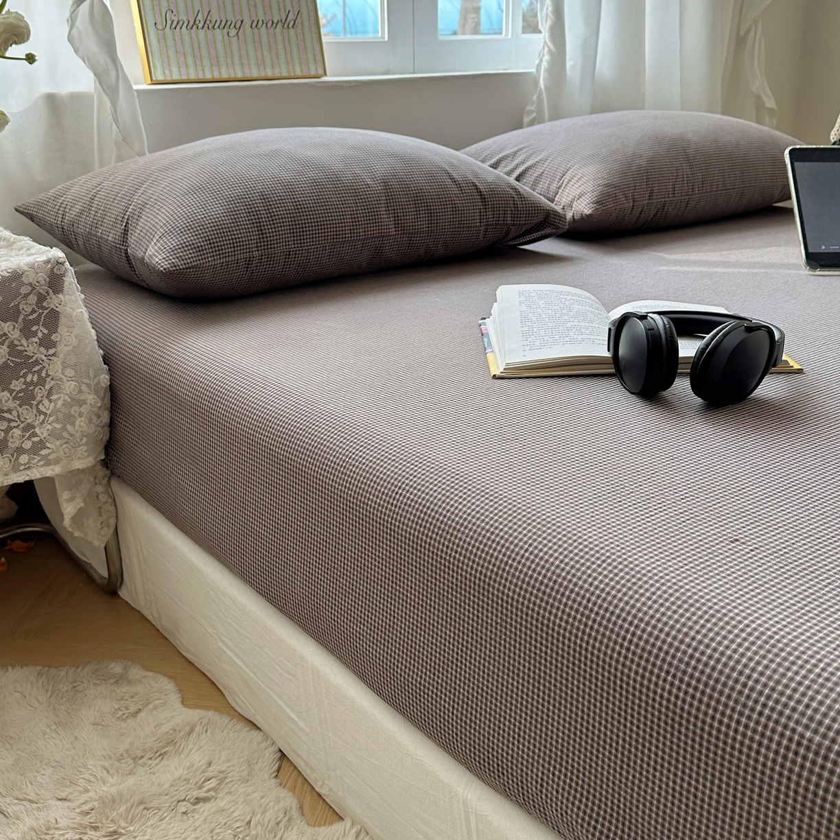 91家纺网 家纺一手货源 找家纺 六巷胡同 2026新款A类全棉纯棉水洗棉色织格子单品床笠 床笠单件 觅影-棕格