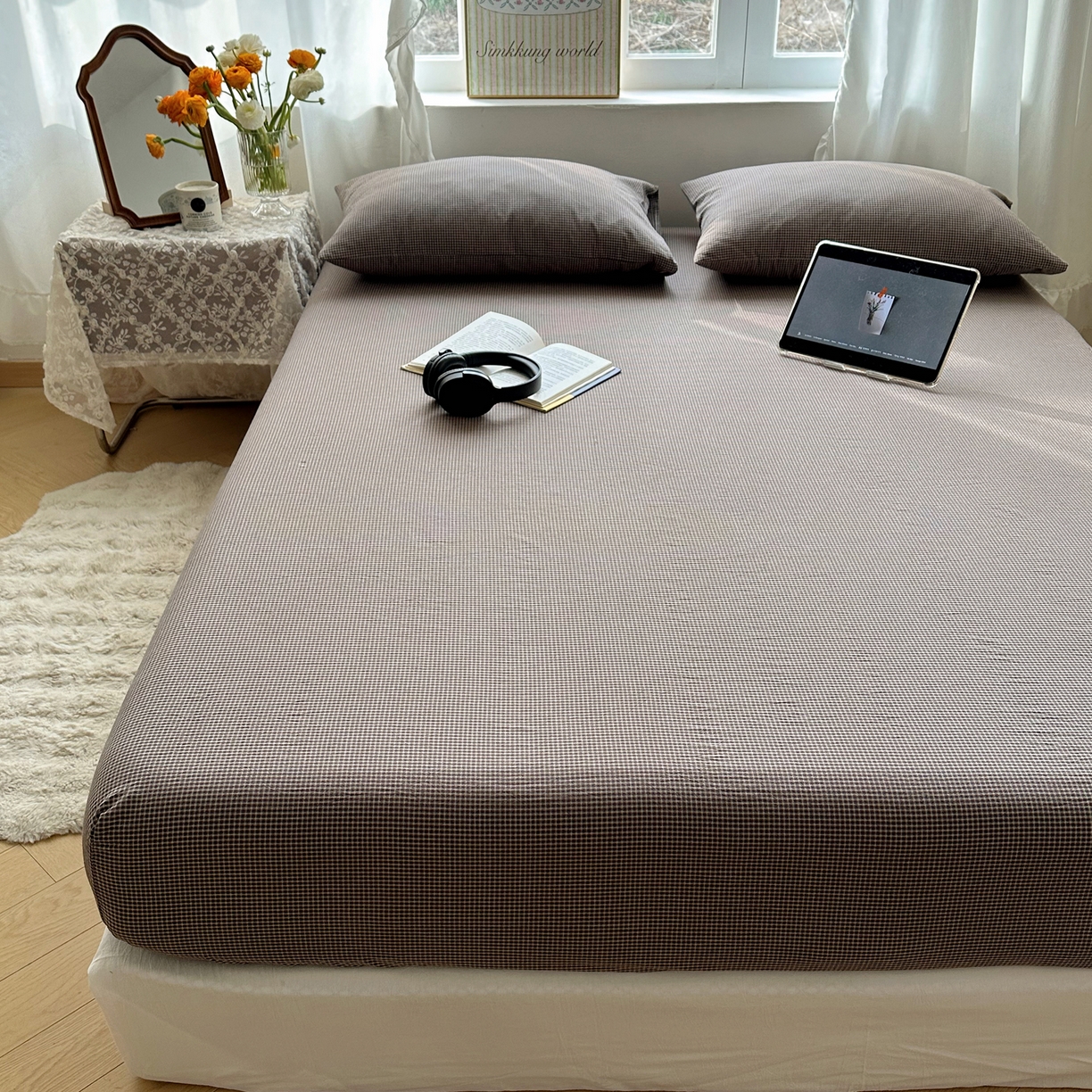 91家纺网 家纺一手货源 找家纺 六巷胡同 2026新款A类全棉纯棉水洗棉色织格子单品床笠 床笠单件 觅影-棕格