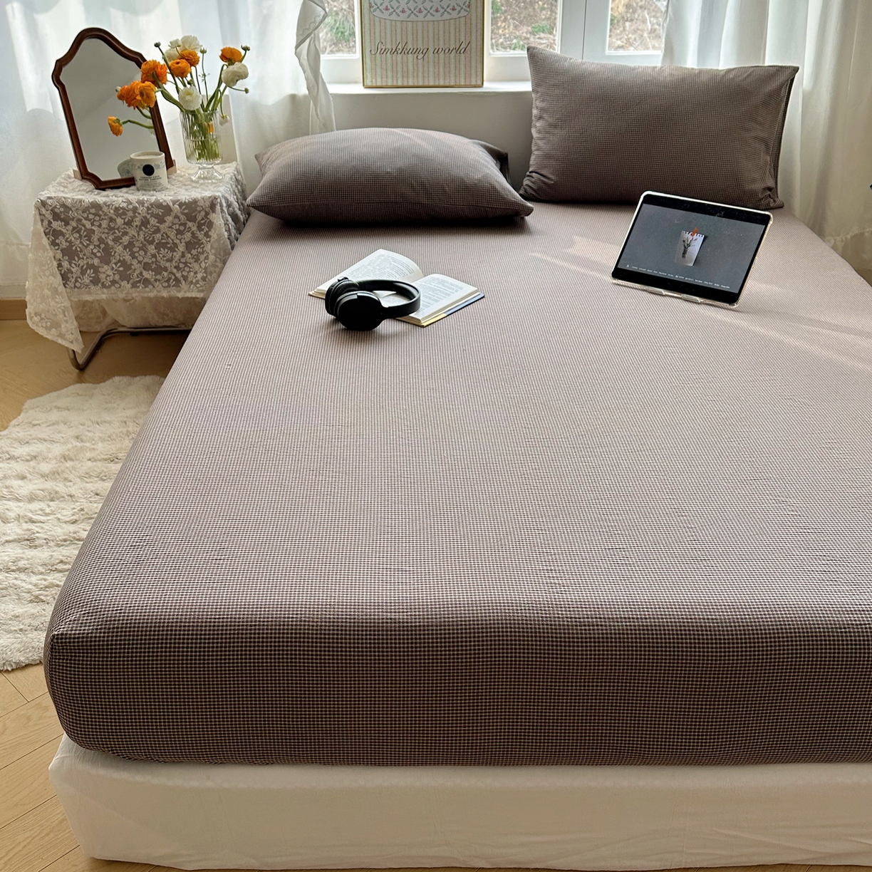 91家纺网 家纺一手货源 找家纺 六巷胡同 2026新款A类全棉纯棉水洗棉色织格子单品床笠 床笠单件 觅影-棕格