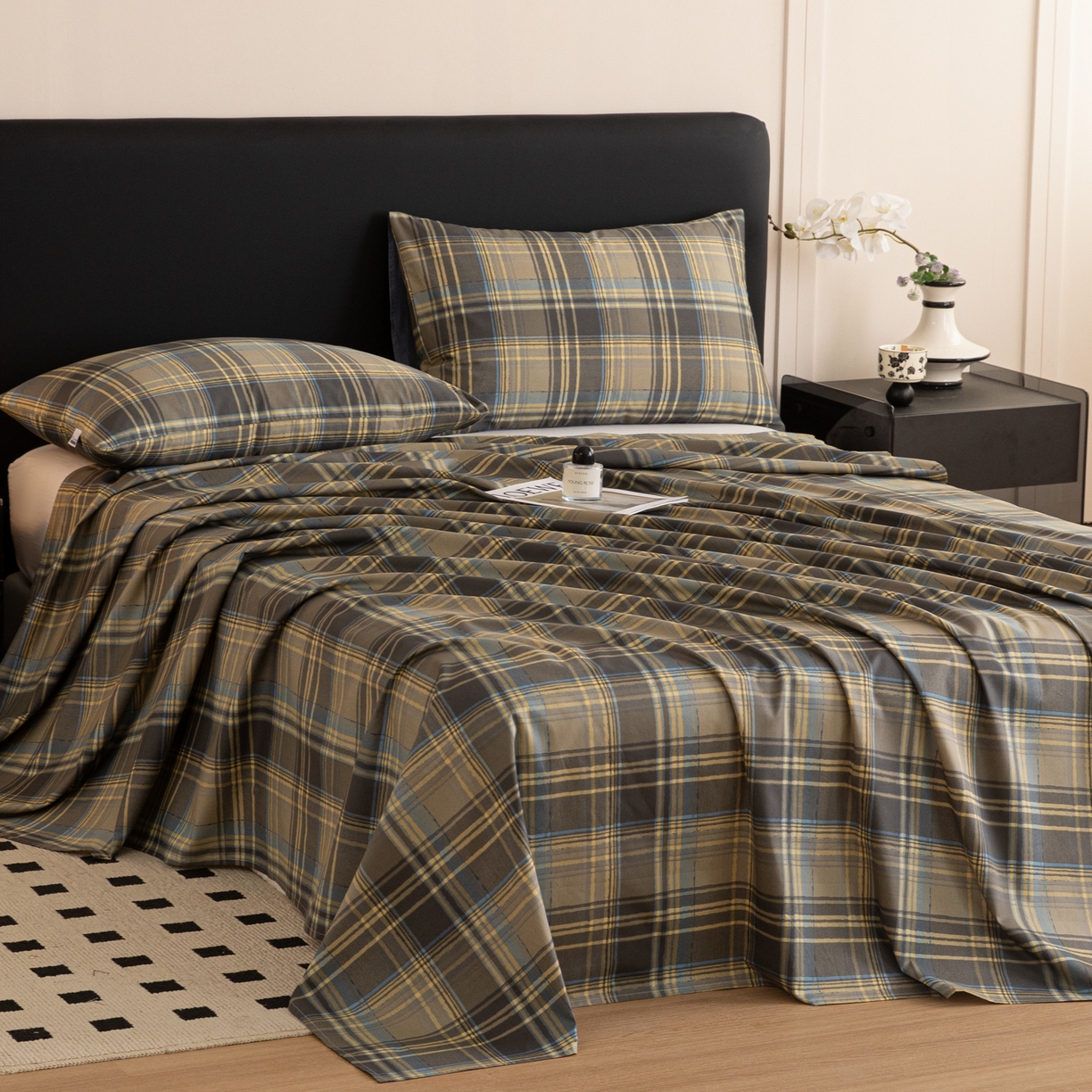 91家纺网 家纺一手货源 找家纺 简宜家居（朝初家纺） 2026新款40支13070全棉简约格子系列A版床单 英伦-青澜