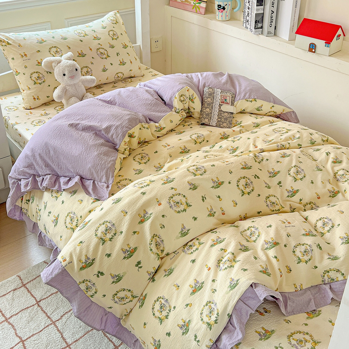 91家纺网 家纺一手货源 找家纺 （总）纽缦家纺 2026新款云感提花双层纱学生床韩版床单床笠三四件套