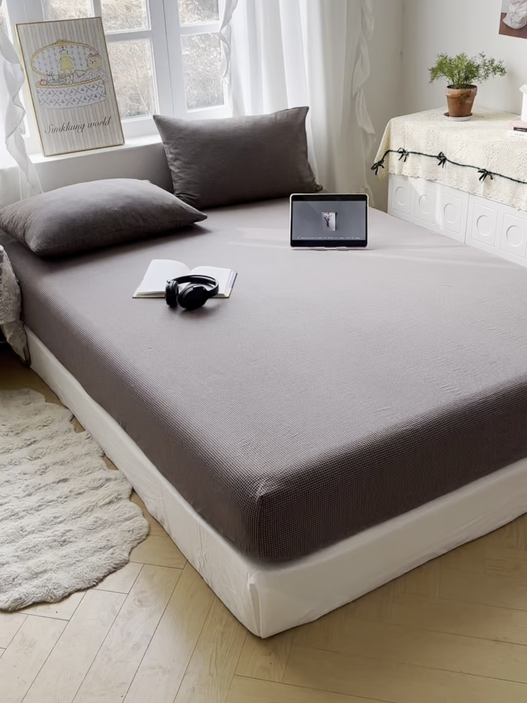 91家纺网 家纺一手货源 找家纺 六巷胡同 2026新款A类全棉纯棉水洗棉色织格子单品床笠 床笠单件 觅影-棕格