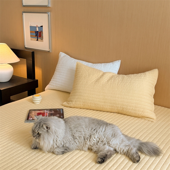 91家纺网 家纺一手货源 找家纺 乐野家居 2026新款韩风系列高密度色织全棉纯棉绗缝床盖 松紧防滑床单 芝士黄