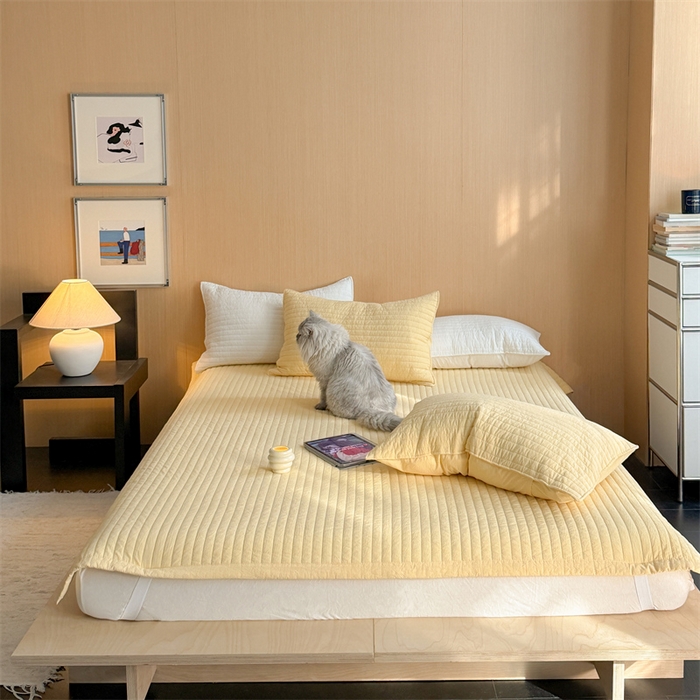 乐野家居 2026新款韩风系列高密度色织全棉纯棉绗缝床盖 松紧防滑床单 芝士黄