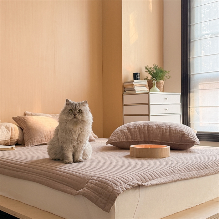 91家纺网 家纺一手货源 找家纺 乐野家居 2026新款韩风系列高密度色织全棉纯棉绗缝床盖 松紧防滑床单 巧克力色