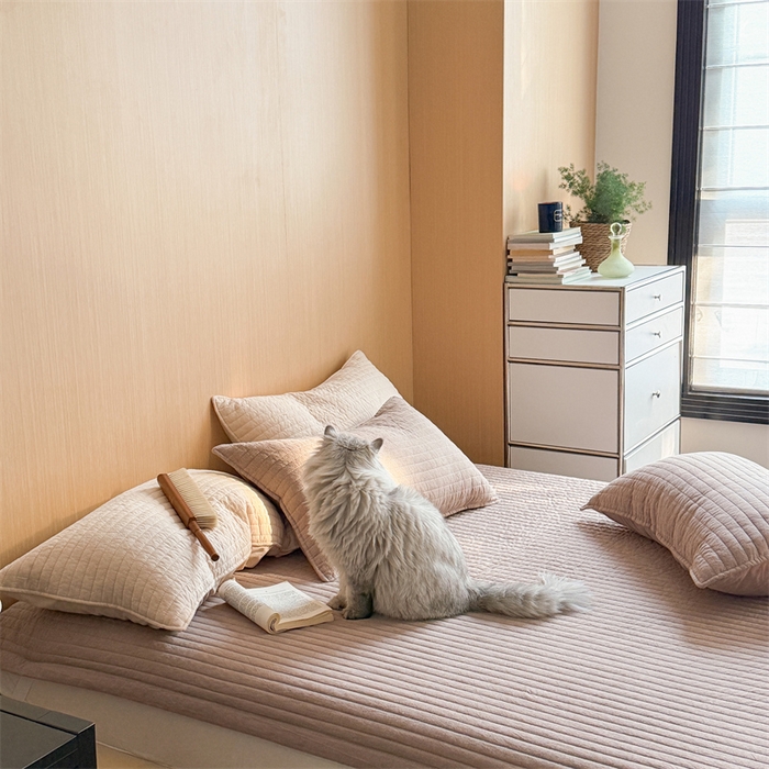 91家纺网 家纺一手货源 找家纺 乐野家居 2026新款韩风系列高密度色织全棉纯棉绗缝床盖 松紧防滑床单 巧克力色