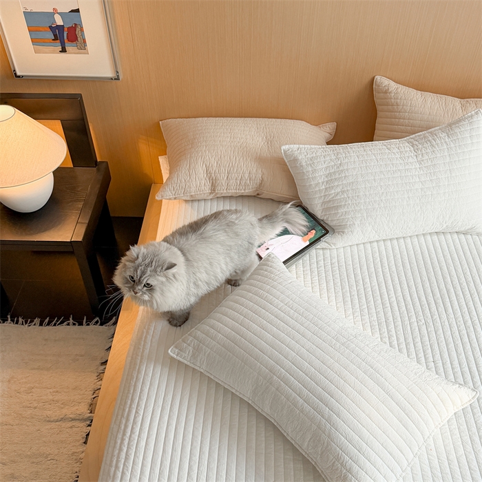 91家纺网 家纺一手货源 找家纺 乐野家居 2026新款韩风系列高密度色织全棉纯棉绗缝床盖 松紧防滑床单 白色