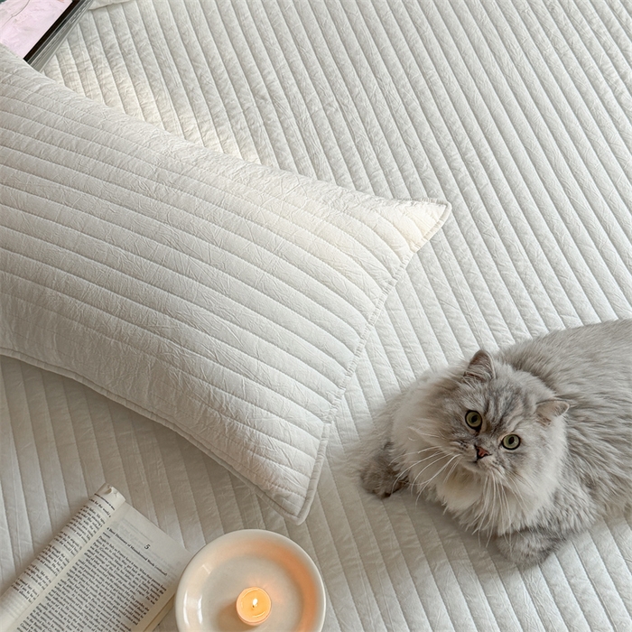 91家纺网 家纺一手货源 找家纺 乐野家居 2026新款韩风系列高密度色织全棉纯棉绗缝床盖 松紧防滑床单 白色