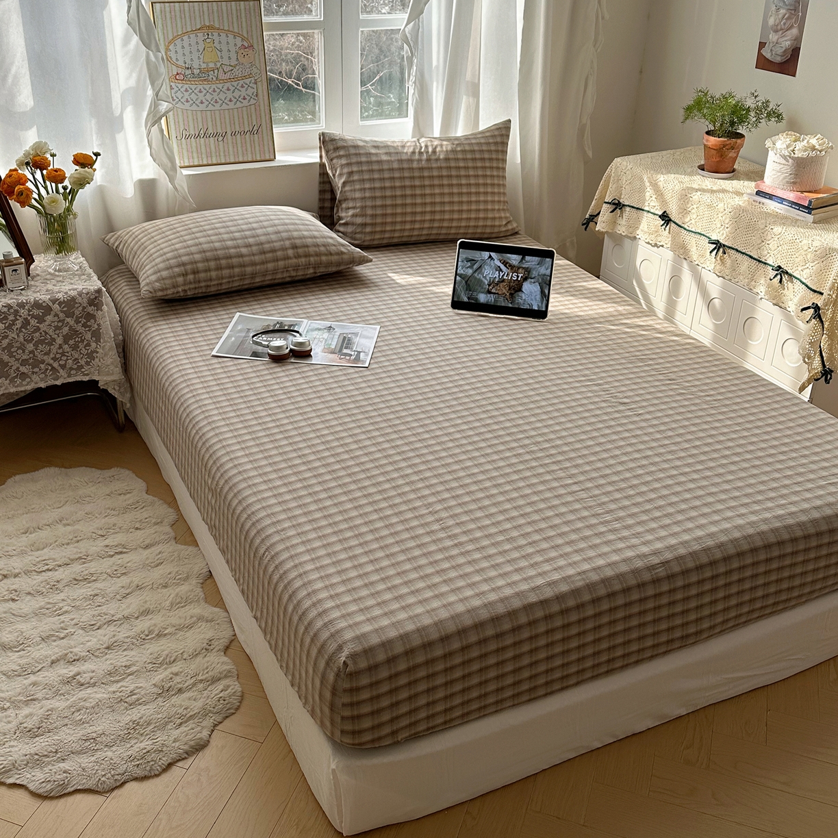 91家纺网 家纺一手货源 找家纺 六巷胡同 2026新款A类全棉纯棉水洗棉色织格子单品床笠 床笠单件 巷往-灰格