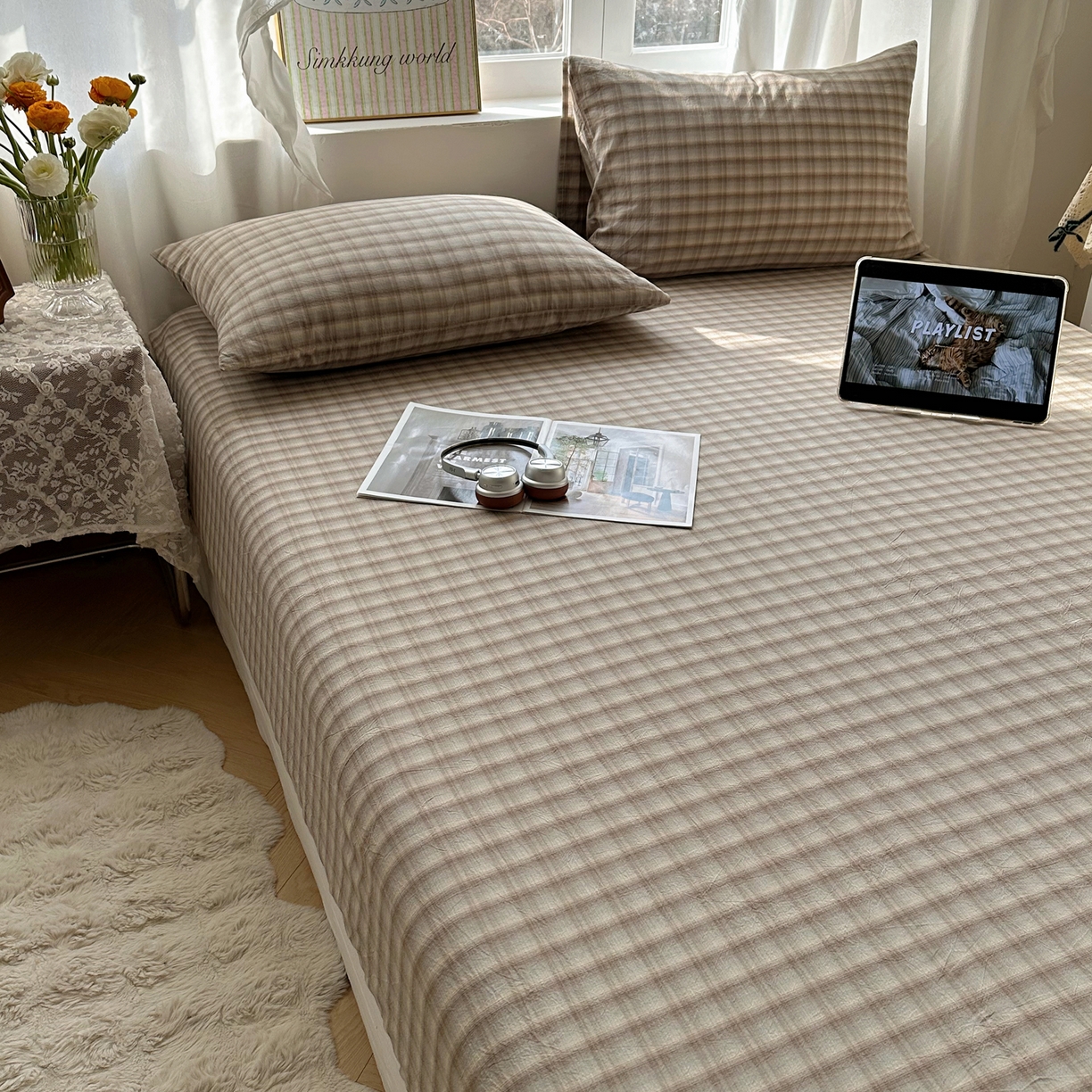 91家纺网 家纺一手货源 找家纺 六巷胡同 2026新款A类全棉纯棉水洗棉色织格子单品床笠 床笠单件 巷往-灰格