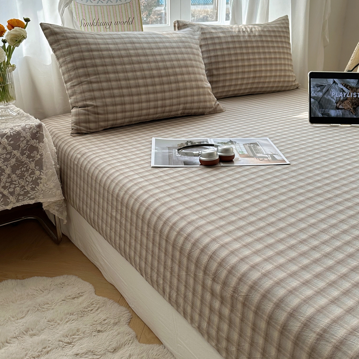 91家纺网 家纺一手货源 找家纺 六巷胡同 2026新款A类全棉纯棉水洗棉色织格子单品床笠 床笠单件 巷往-灰格