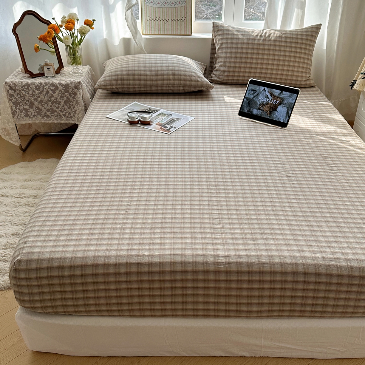 91家纺网 家纺一手货源 找家纺 六巷胡同 2026新款A类全棉纯棉水洗棉色织格子单品床笠 床笠单件 巷往-灰格