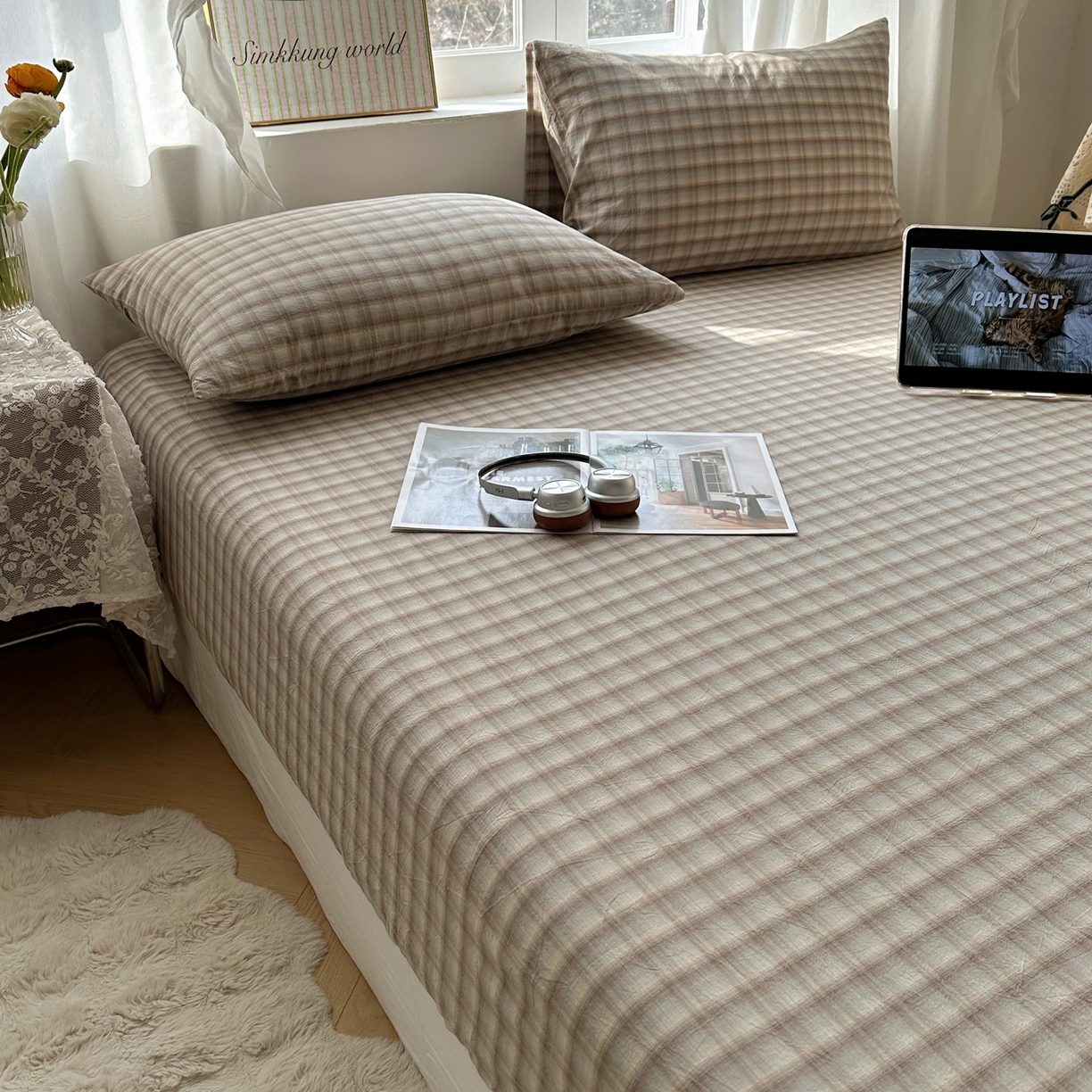 91家纺网 家纺一手货源 找家纺 六巷胡同 2026新款A类全棉纯棉水洗棉色织格子单品床笠 床笠单件 巷往-灰格