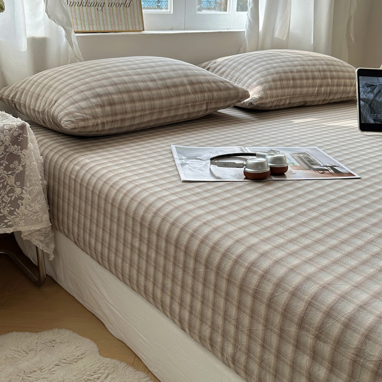 91家纺网 家纺一手货源 找家纺 六巷胡同 2026新款A类全棉纯棉水洗棉色织格子单品床笠 床笠单件 巷往-灰格